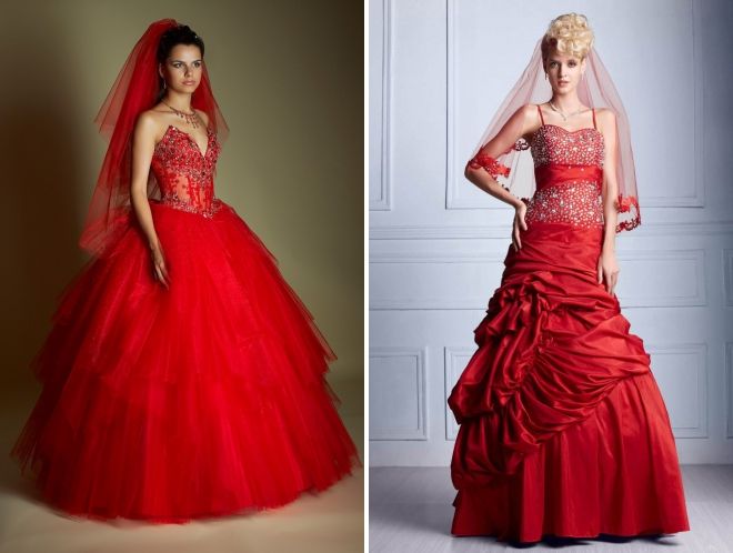 красное свадебное платье с фатой